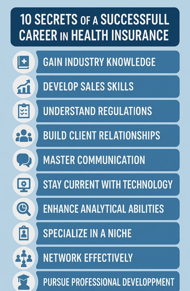 This is a info graphic image about the topic of 10 secrets of a successful career in health insurance . A complete explaination of 10 points