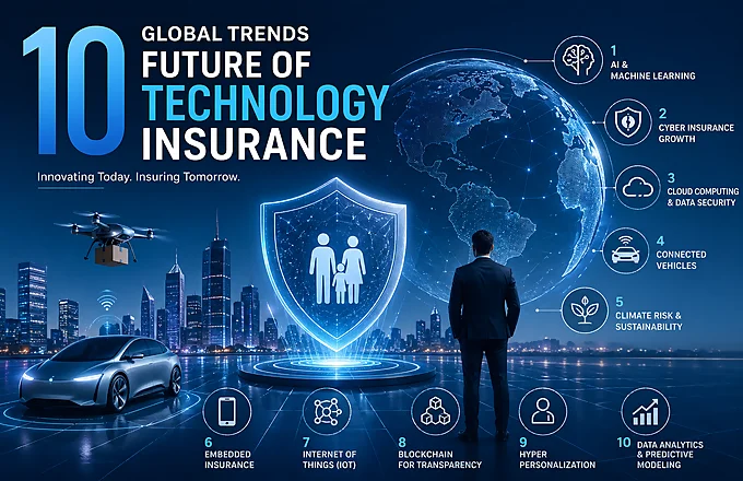 Futuristic digital illustration showing 10 global trends future of technology insurance including AI, cyber insurance, IoT, blockchain, connected vehicles, and data analytics