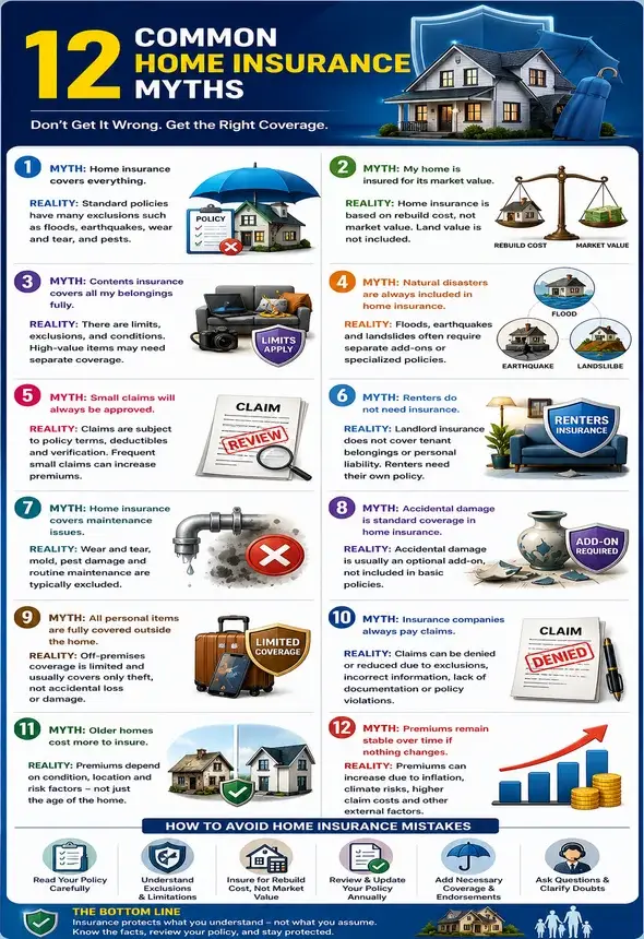 12 Common Home Insurance Myths Explained: Infographic Guide to Coverage Facts and Misconceptions Infographic showing 12 Common Home Insurance Myths with myth vs reality comparisons, including coverage limits, exclusions, rebuild cost, natural disasters, claims approval, and premium changes.