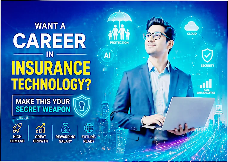 Insurance Technology Careers. A Professional working on laptop representing career in insurance technology with AI, cloud, cybersecurity, and data analytics icons
