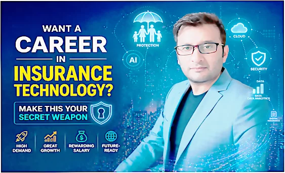 Expert professional in insurance technology with AI, cloud, cybersecurity, and data analytics icons representing InsurTech career growth