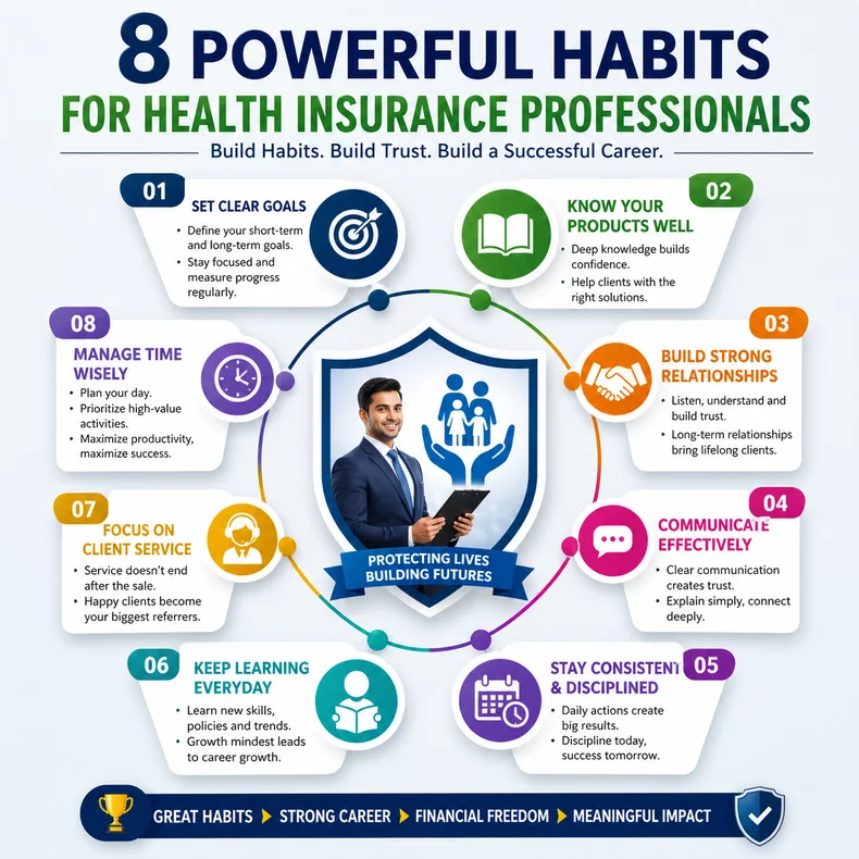 Infographic showing 8 powerful habits for health insurance professionals, including setting goals, product knowledge, relationship building, communication, discipline, continuous learning, client service, and time management for career success.