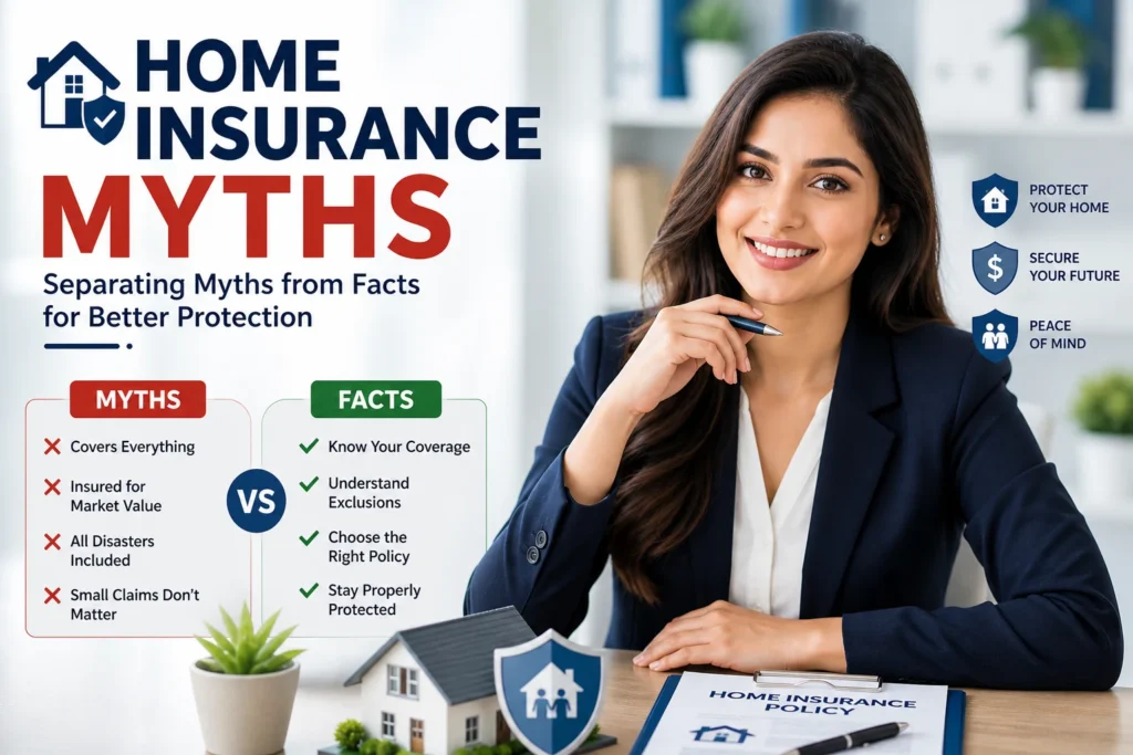 Professional insurance advisor explaining Home Insurance Myths with a myth vs fact comparison to help homeowners understand policy coverage and avoid costly mistakes.