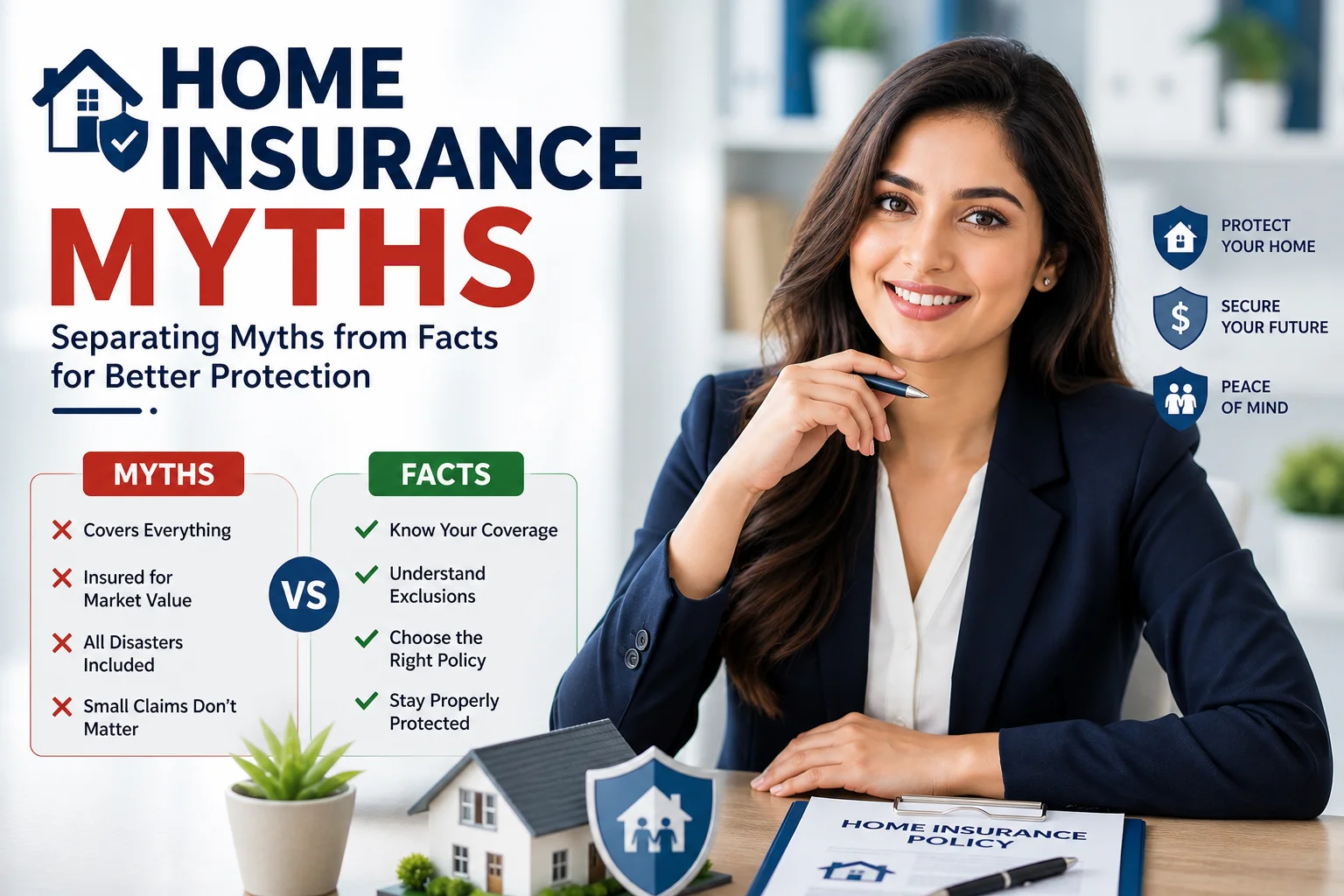 Professional insurance advisor explaining Home Insurance Myths with a myth vs fact comparison to help homeowners understand policy coverage and avoid costly mistakes.
