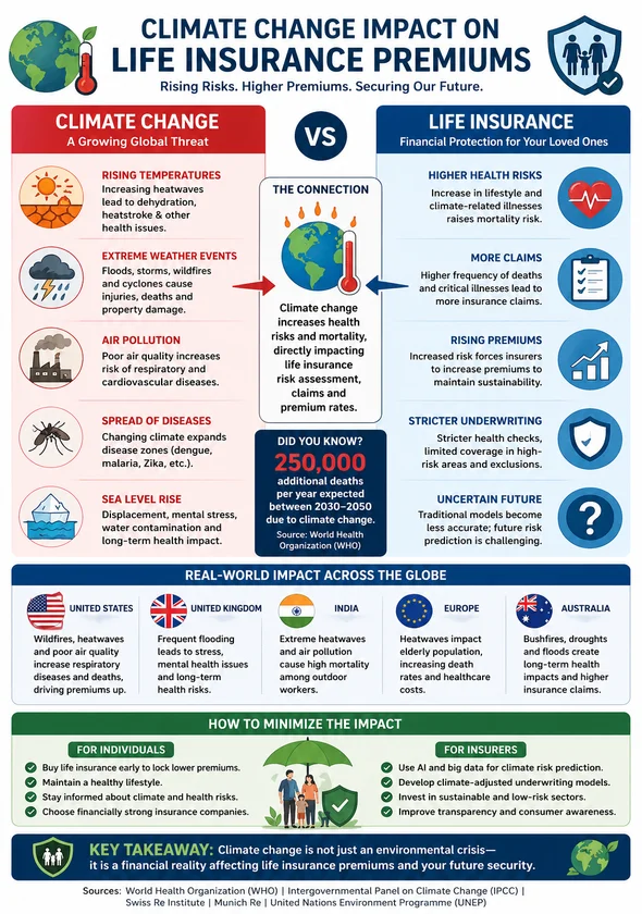 Infographic illustrating climate change impact on life insurance, showing higher health risks, claims, and premiums worldwide.