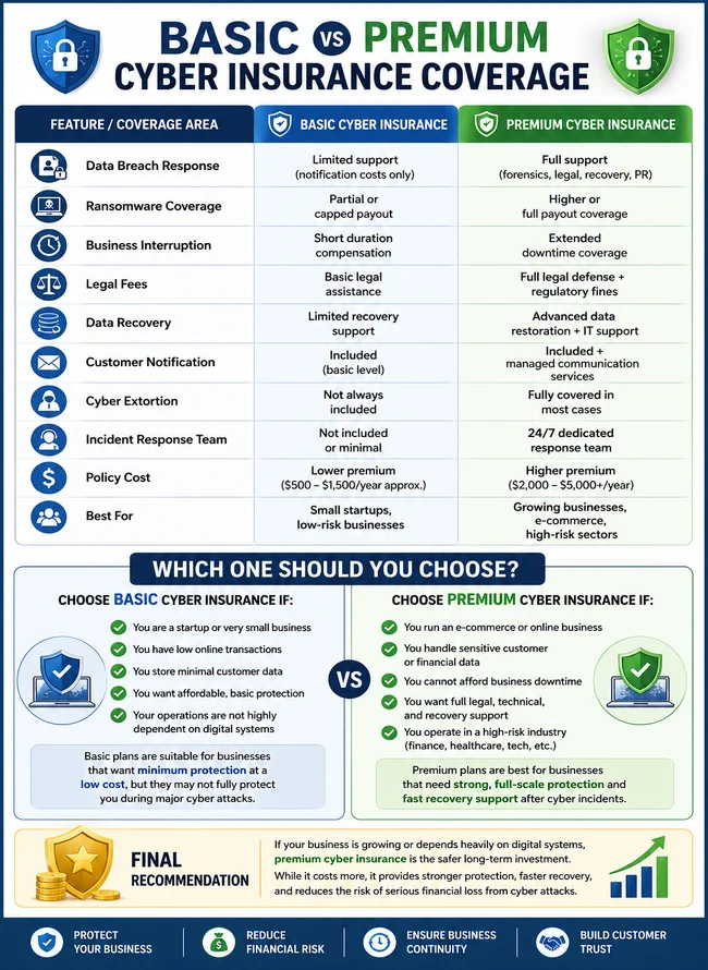 Comparison chart showing basic vs premium cyber insurance coverage, highlighting features like data breach response, ransomware protection, legal fees, and policy costs for cyber insurance for small businesses