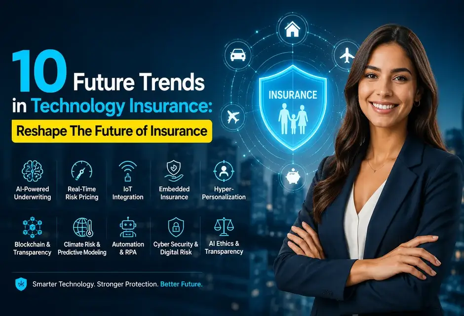 Future Trends in Technology Insurance graphic with AI, IoT, blockchain, cyber risk icons and a professional woman in digital insurtech future era.