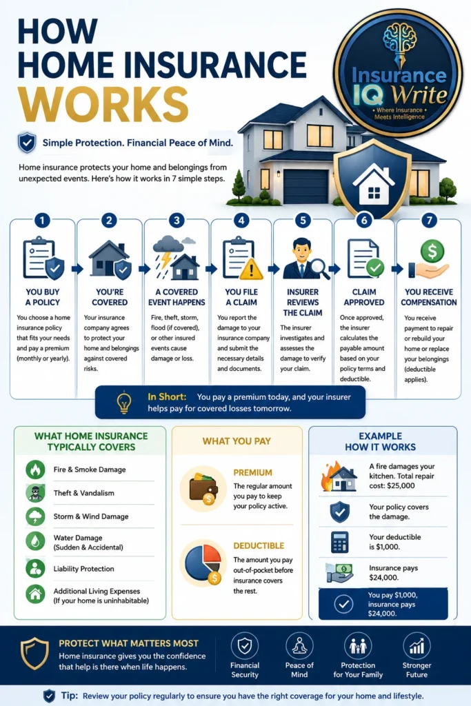 How Home Insurance Works – Step-by-Step Home Insurance Infographic 2026 Professional home insurance infographic explaining how home insurance works step-by-step, including policy purchase, claim process, coverage, deductible, compensation, and financial protection with Insurance IQ Write branding.