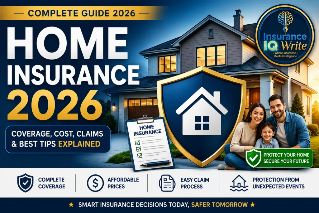 Home Insurance 2026 featured image showing a modern family home, insurance protection shield, happy family, and smart home coverage guide with Insurance IQ Write branding.