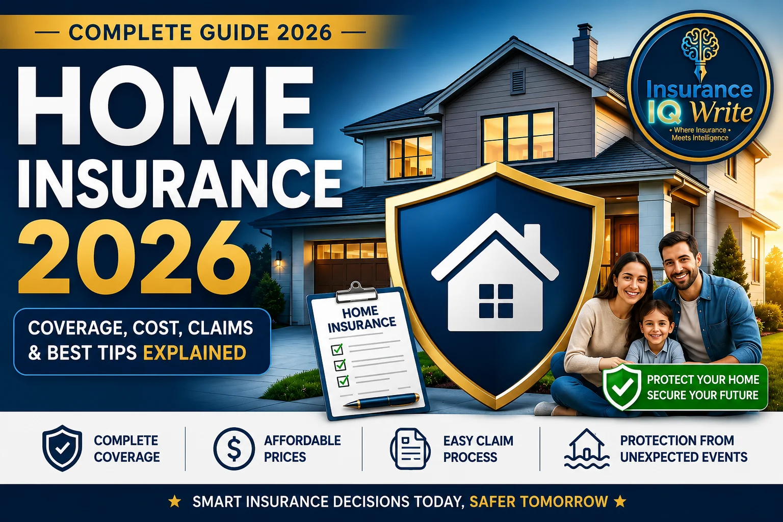 Home Insurance 2026 featured image showing a modern family home, insurance protection shield, happy family, and smart home coverage guide with Insurance IQ Write branding.
