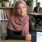 shumaila mughal  sitting in library in islamic dress and writing content  