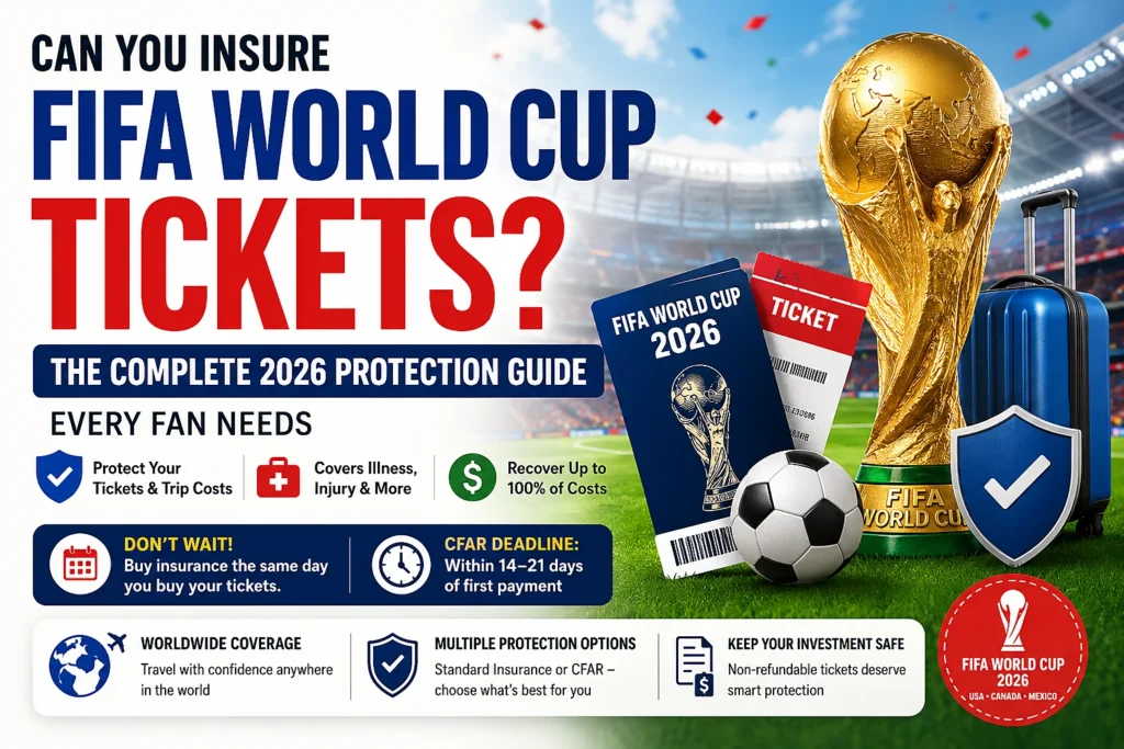 Can You Insure FIFA World Cup Tickets? Feature image showing FIFA World Cup 2026 tickets, trophy, travel insurance protection, and fan travel.