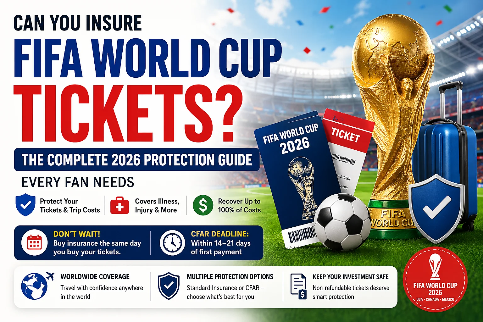 Can You Insure FIFA World Cup Tickets? Feature image showing FIFA World Cup 2026 tickets, trophy, travel insurance protection, and fan travel.
