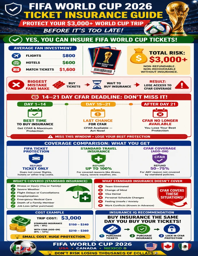 Can You Insure FIFA World Cup Tickets? FIFA World Cup 2026 Insurance Infographic Can You Insure FIFA World Cup Tickets infographic showing CFAR deadline, travel insurance coverage options, ticket protection, and trip costs.