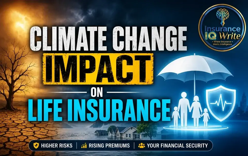 Climate change impact on life insurance showing heatwaves, floods, rising premiums, family protection, and financial risk worldwide.