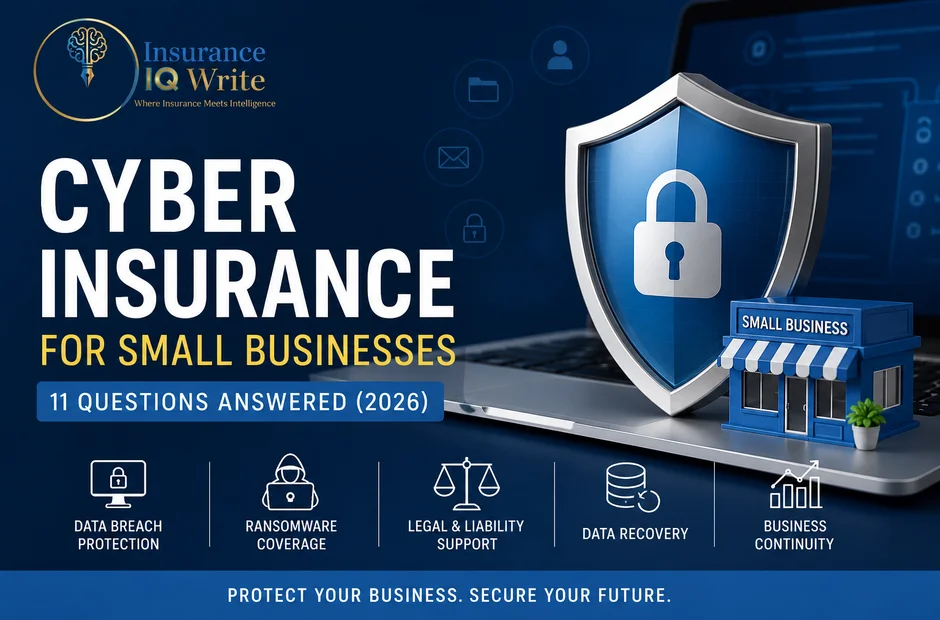 Cyber insurance for small businesses featuring a security shield, laptop, and cyber protection coverage for data breaches, ransomware, and recovery.