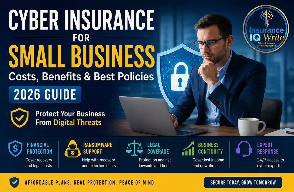 Cyber Insurance for Small Business feature image showing cyber protection, business security, ransomware defense, and expert insurance support.