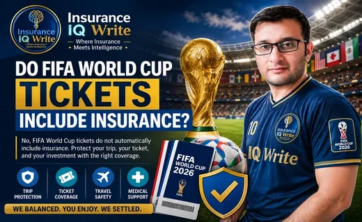 Football fan in Insurance IQ Write jersey with FIFA World Cup trophy, tickets, and insurance icons explaining do FIFA World Cup tickets include insurance.