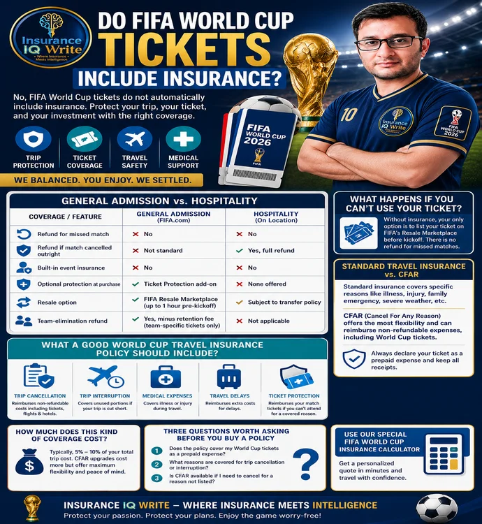 Do FIFA World Cup Tickets Include Insurance? Complete Fan Protection Guide for World Cup 2026 Featured infographic showing a football fan in Insurance IQ Write kit explaining do FIFA World Cup tickets include insurance and travel coverage.