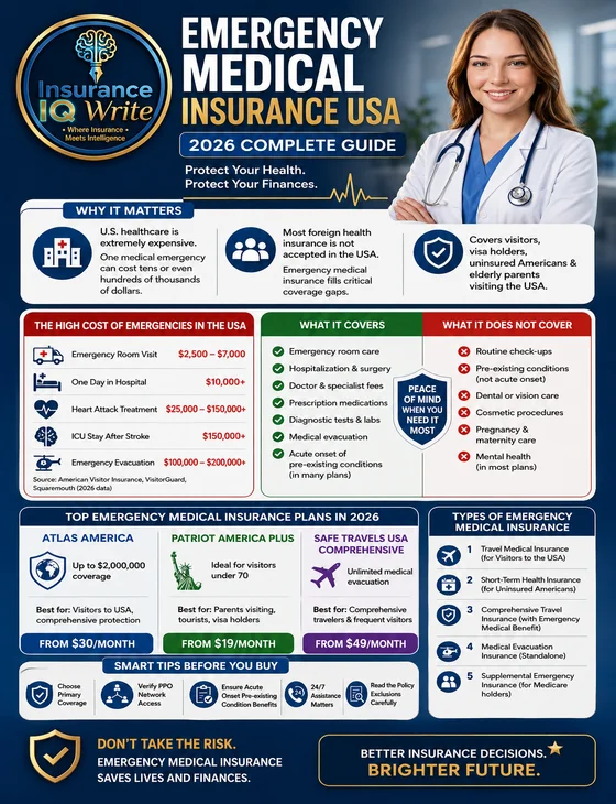Emergency Medical Insurance USA 2026 infographic featuring Insurance IQ Write logo, insurance professional, coverage, costs and top plans.