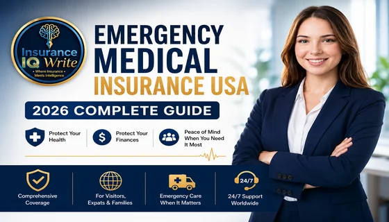 Emergency Medical Insurance USA featured image with Insurance IQ Write logo and insurance professional highlighting 2026 coverage guide.