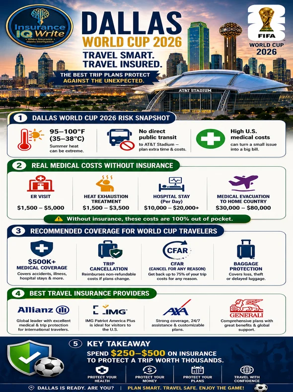 FIFA World Cup 2026 Travel Insurance Dallas infographic featuring AT&T Stadium, Dallas skyline, insurance benefits, medical coverage, and trip protection. 