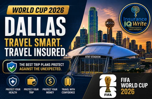FIFA World Cup 2026 Travel Insurance Dallas featured image showing AT&T Stadium, Dallas skyline, travel protection benefits, and Insurance IQ Write branding.