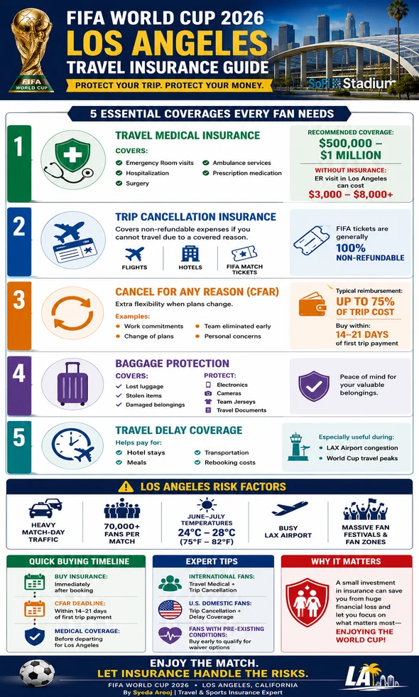 FIFA World Cup 2026 Travel Insurance Los Angeles infographic showing medical coverage, trip cancellation, baggage protection, delays, and fan travel risks.