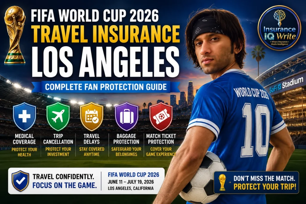FIFA World Cup 2026 Travel Insurance Los Angeles featured image showing a football fan, SoFi Stadium, insurance coverage icons, and travel protection.