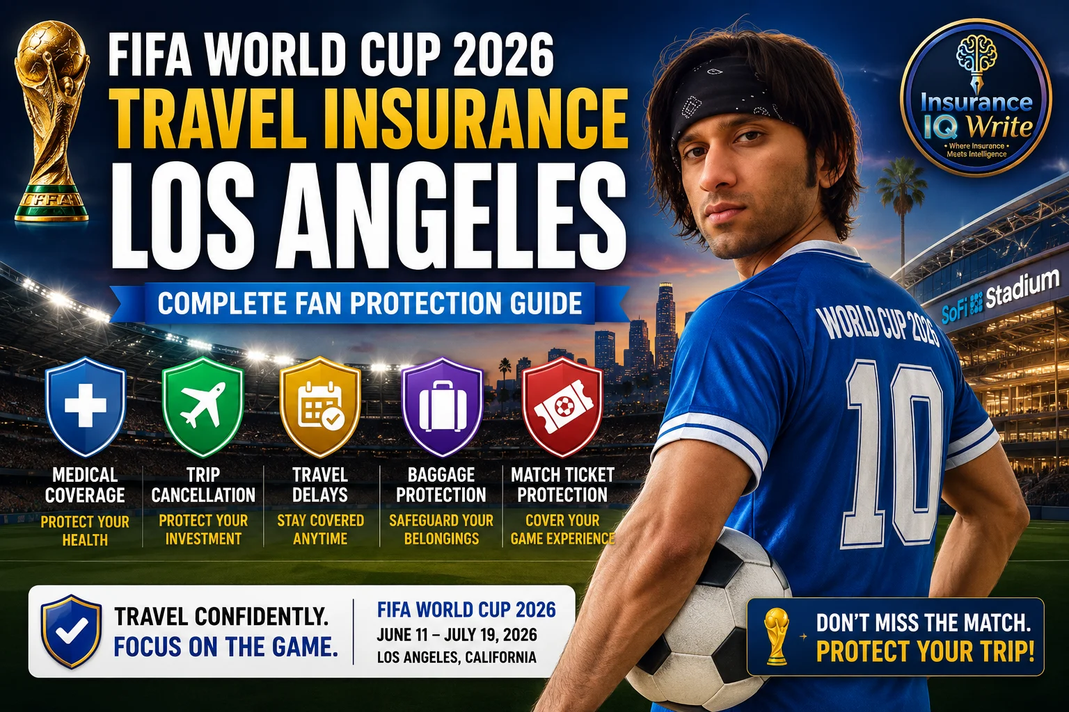 FIFA World Cup 2026 Travel Insurance Los Angeles featured image showing a football fan, SoFi Stadium, insurance coverage icons, and travel protection.