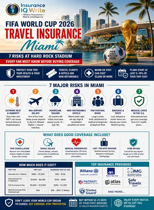 FIFA World Cup 2026 Travel Insurance Miami infographic showing 7 travel risks, Hard Rock Stadium, Miami skyline, insurance coverage and travel tips.