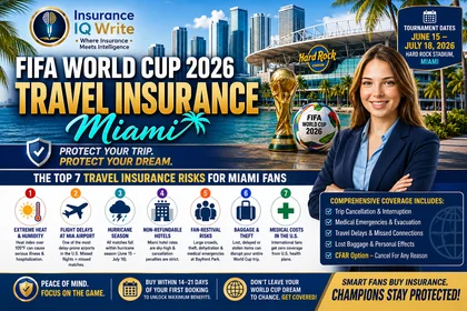 FIFA World Cup 2026 Travel Insurance Miami featured image showing Hard Rock Stadium, Miami skyline and the top 7 travel insurance risks for fans.