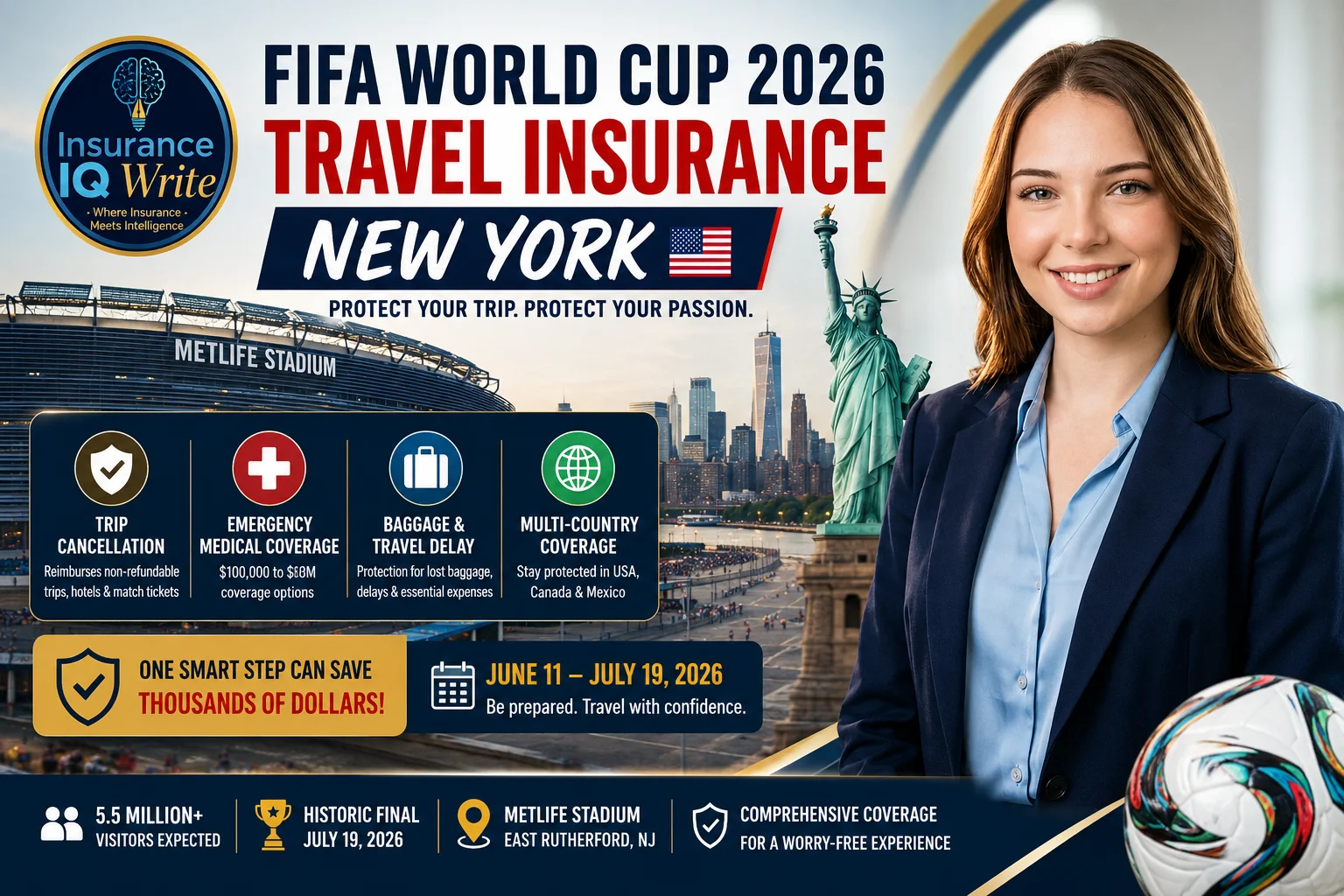 FIFA World Cup 2026 Travel Insurance New York featured image showing fan protection, medical coverage, MetLife Stadium, and travel security.