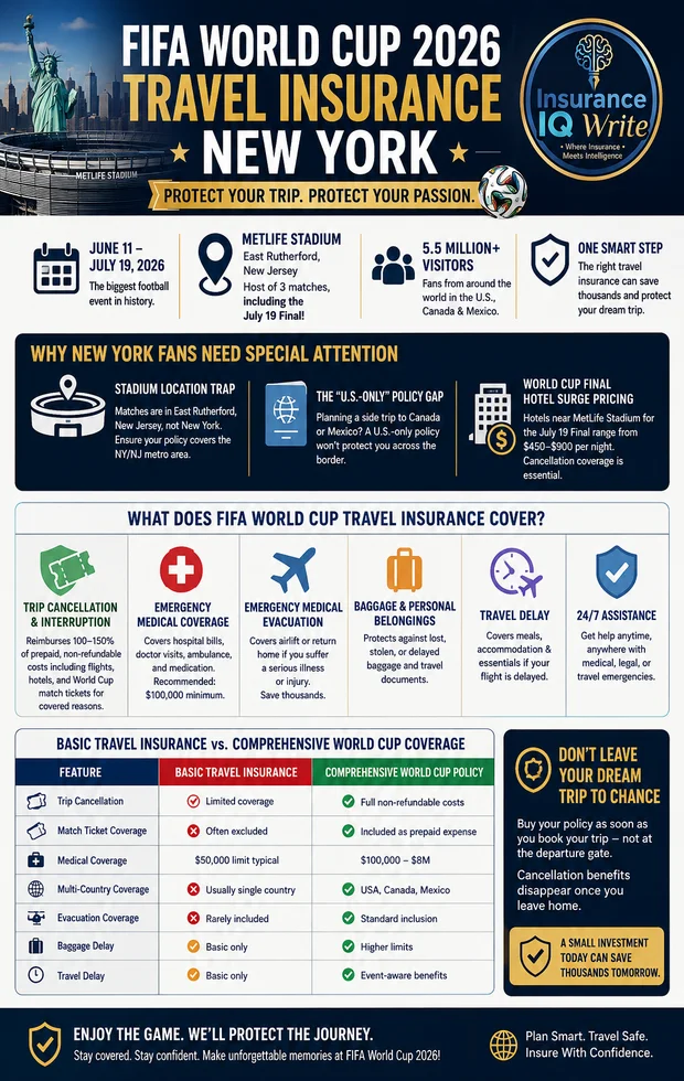 FIFA World Cup 2026 Travel Insurance New York – Complete Fan Protection Guide FIFA World Cup 2026 Travel Insurance New York infographic featuring fan protection, medical coverage, trip cancellation, and MetLife Stadium.
