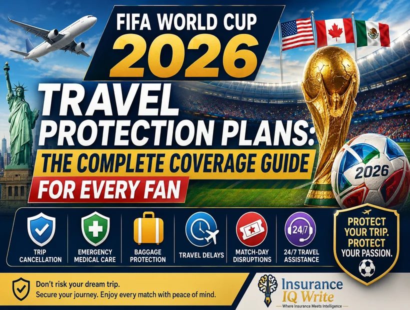 FIFA World Cup 2026 Travel Protection Plans infographic showing trip cancellation, medical coverage, baggage protection, and fan travel security.