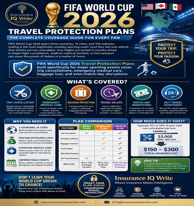 FIFA World Cup 2026 travel protection plans infographic FIFA World Cup 2026 Travel Protection Plans infographic featuring comprehensive travel insurance coverage for football fans attending matches across the United States, Canada, and Mexico. The visual highlights essential benefits including trip cancellation protection, emergency medical coverage, baggage protection, travel delay reimbursement, match-day disruption coverage, and 24/7 travel assistance. The infographic explains why travel insurance is important for World Cup travelers due to non-refundable tickets, expensive international travel costs, multi-country itineraries, and potential medical emergencies. It also includes a comparison of basic, standard, and premium travel protection plans, estimated insurance costs, and expert tips for purchasing coverage early. Featuring World Cup-themed graphics, stadium imagery, country flags, and the Insurance IQ Write logo, this infographic serves as a complete guide to FIFA World Cup 2026 Travel Protection Plans, helping fans protect their travel investment and enjoy a secure, worry-free tournament experience.
