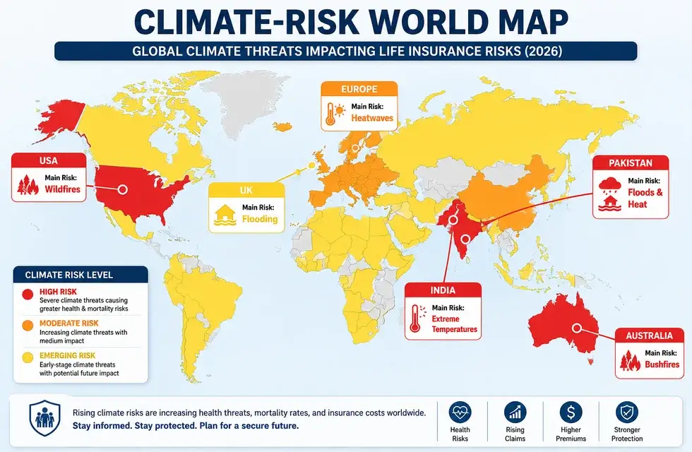 Climate Risk World Map – Climate Change Impact on Life Insurance 2026 Global Risk Overview Climate Change Impact on Life Insurance world map showing global climate risk levels including USA wildfires, India heatwaves, and UK flooding.