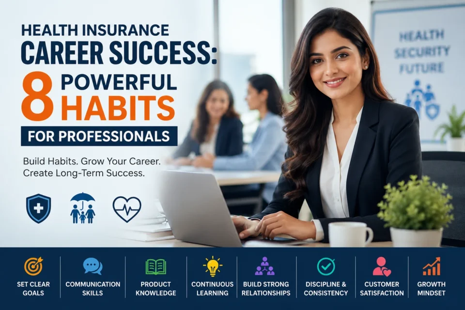 Professional featured image for Health Insurance Career Success 8 Powerful Habits for Professionals showing confident female insurance professionals in a modern office environment.