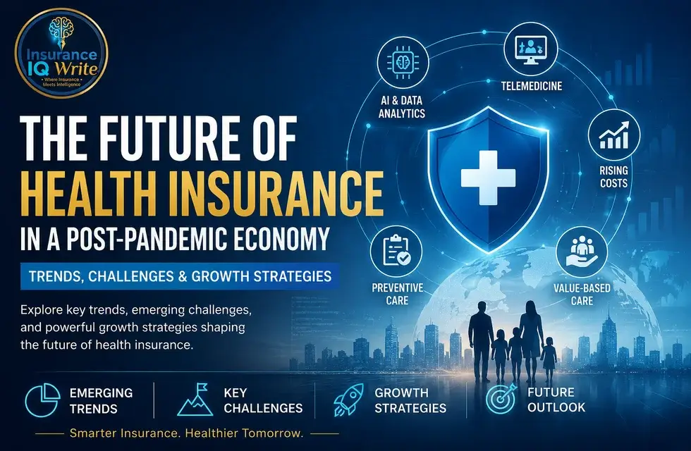 Health Insurance in a Post-Pandemic Economy featuring AI, telemedicine, preventive care, rising healthcare costs, and future insurance growth strategies.