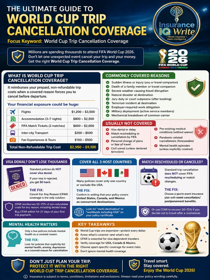 World Cup Trip Cancellation Coverage: Protect Your FIFA 2026 Travel Investment Featured image showing World Cup Trip Cancellation Coverage with Insurance IQ Write logo, traveler portrait, FIFA trophy, stadium and travel protection.