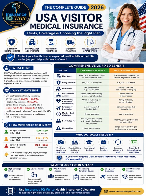 USA Visitor Medical Insurance 2026 infographic featuring Insurance IQ Write logo, female doctor, coverage benefits, costs, and plan comparison guide.