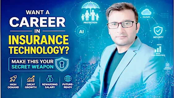 Professional Insurance Technology Careers featured image showing a digital insurance expert with AI, cybersecurity, cloud technology, and Insur Tech career growth concepts.