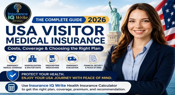 USA Visitor Medical Insurance 2026 infographic featuring Insurance IQ Write logo, female doctor, coverage benefits, costs, and plan comparison.