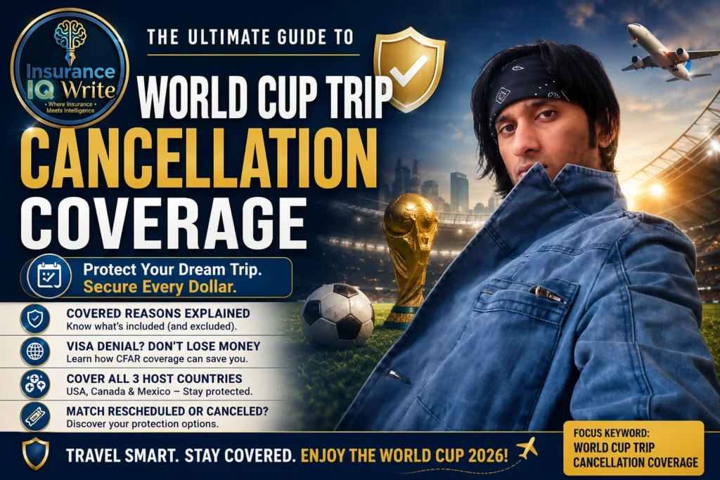 Featured image of World Cup Trip Cancellation Coverage with Insurance IQ Write logo, traveler portrait, FIFA trophy, stadium, and travel protection.