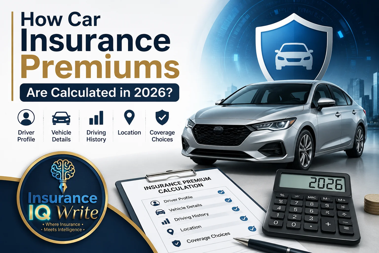 Professional infographic showing how car insurance premiums are calculated in 2026, featuring a modern car, insurance shield, calculator, and the Insurance IQ Write logo.