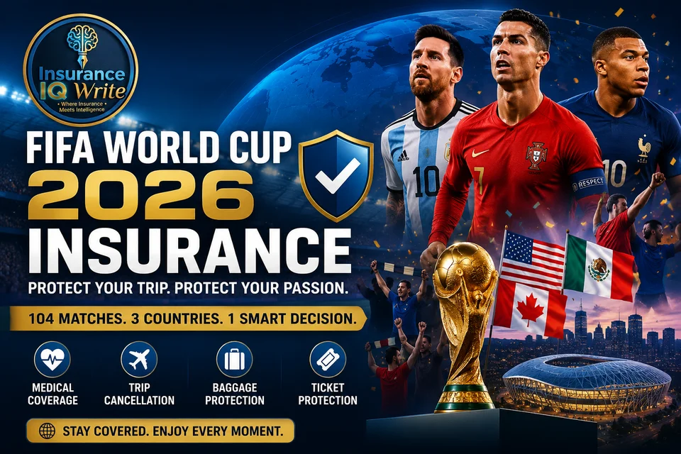 FIFA World Cup 2026 Insurance featured image showing football fans, tournament atmosphere, trophy, host country flags, travel protection icons, and Insurance IQ Write branding, highlighting medical coverage, trip cancellation, baggage protection, and ticket security.